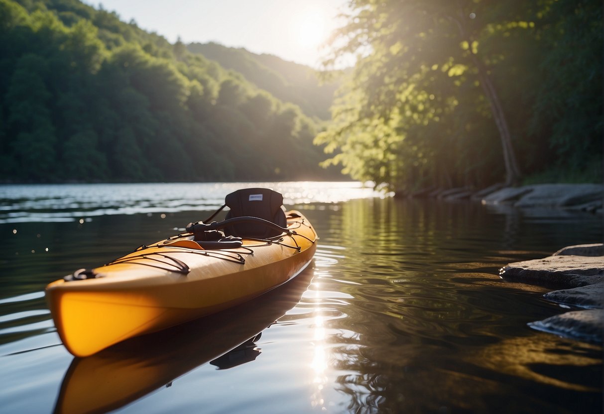 A kayak sits on a calm river, surrounded by a life jacket, waterproof bag, paddle, and water shoes. The sun shines down, creating a peaceful and inviting scene for a kayaking adventure