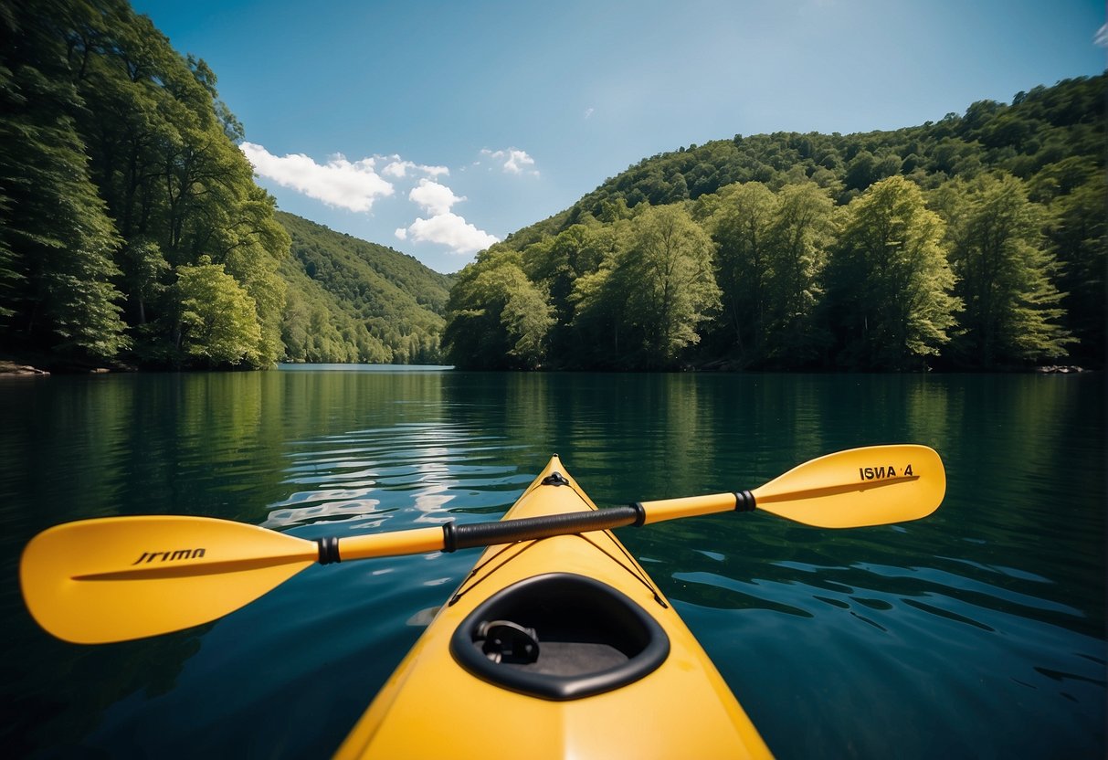 A person kayaking on a calm river, surrounded by lush green trees and clear blue skies