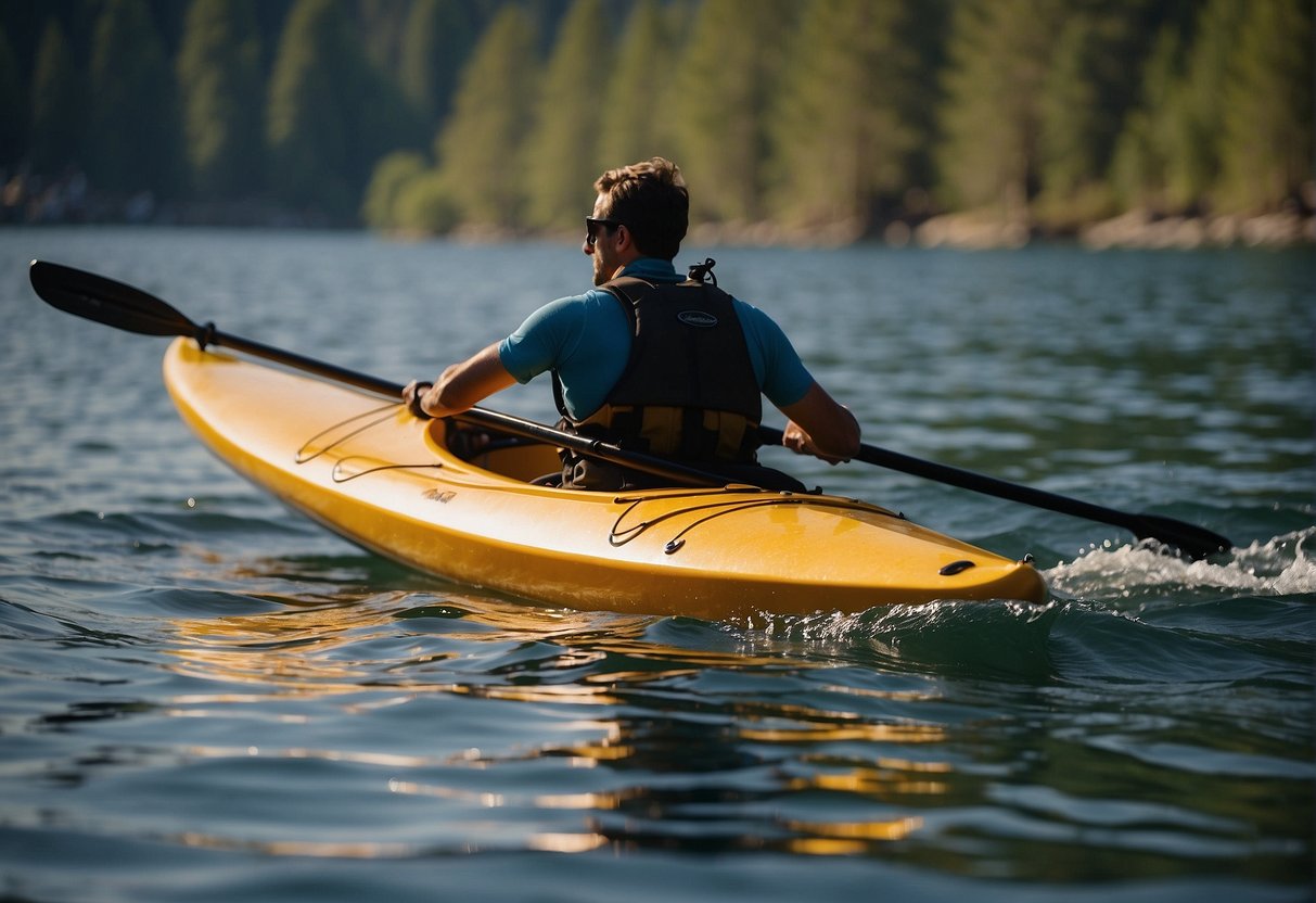 A kayaker paddles through calm waters, demonstrating proper technique and skill. The water ripples around the kayak as the paddler moves gracefully through the exercise