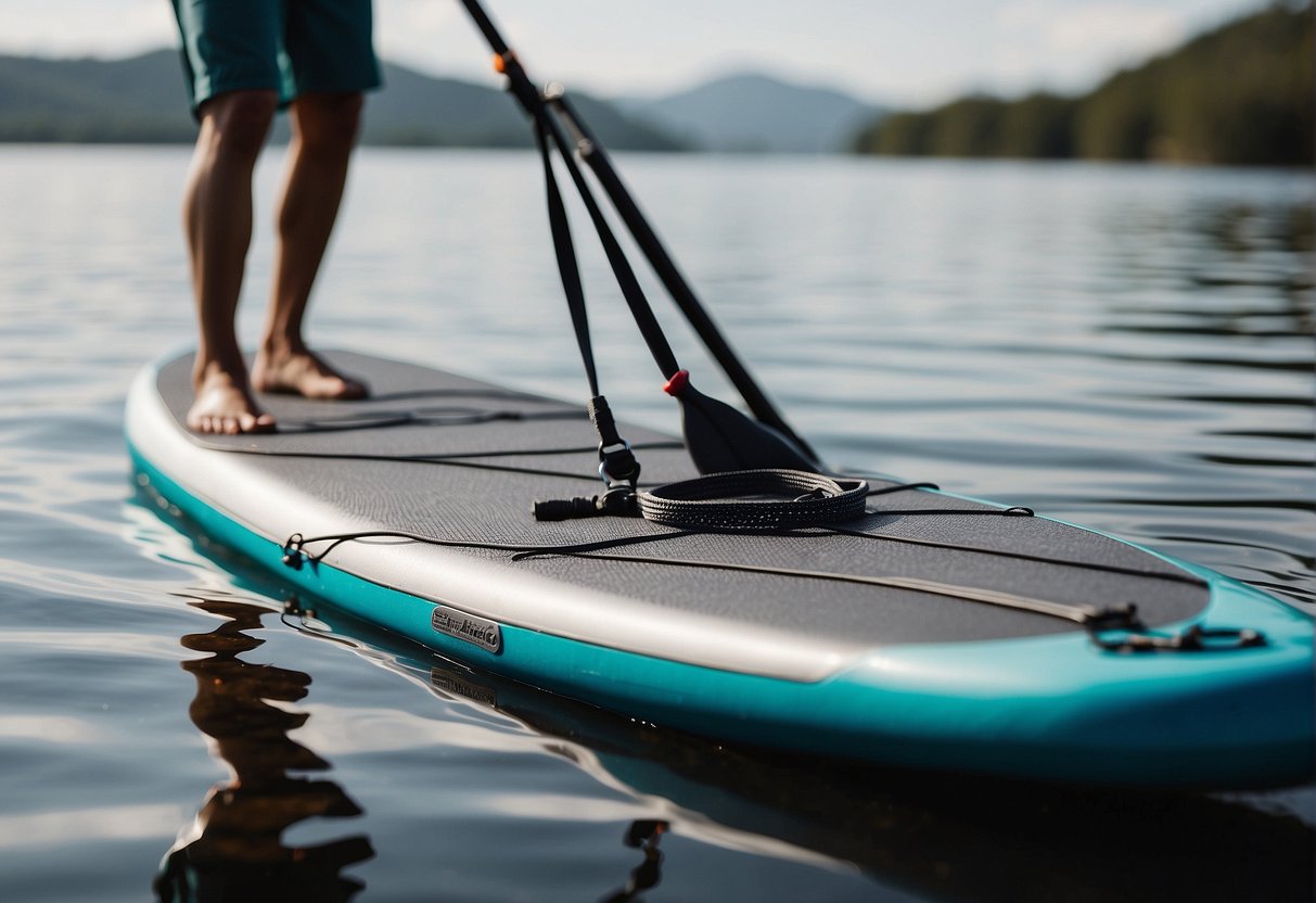 A paddle board with a leash, paddle, and waterproof bag on calm water