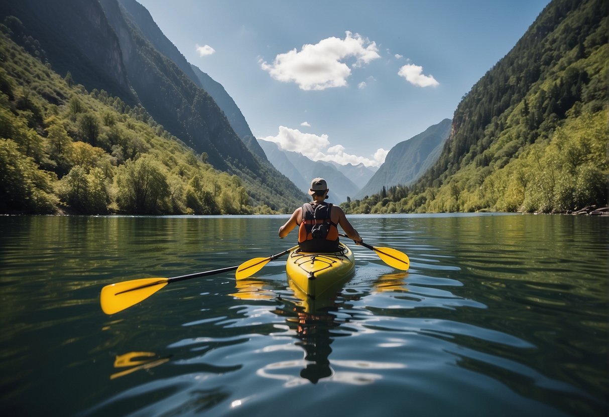A kayaker paddles through calm water, surrounded by lush greenery and mountains, contrasting with other exercise scenes