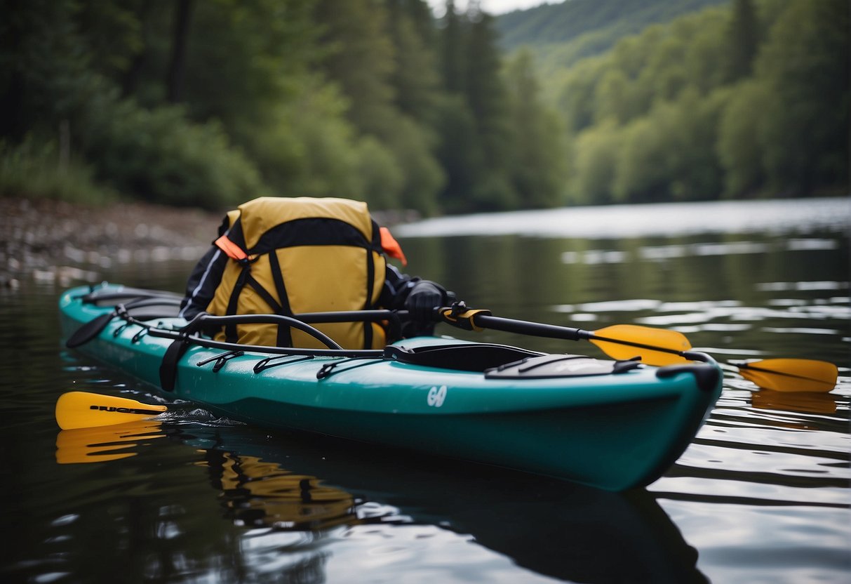 A kayak is being loaded with safety gear and paddles on a calm river