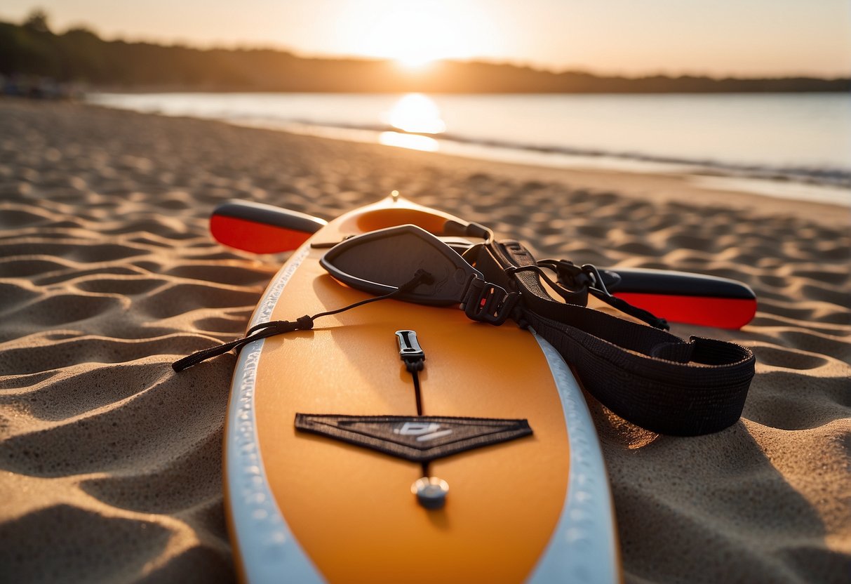A paddle board, paddle, leash, and life jacket lay on a sandy beach next to the water, with the sun setting in the background