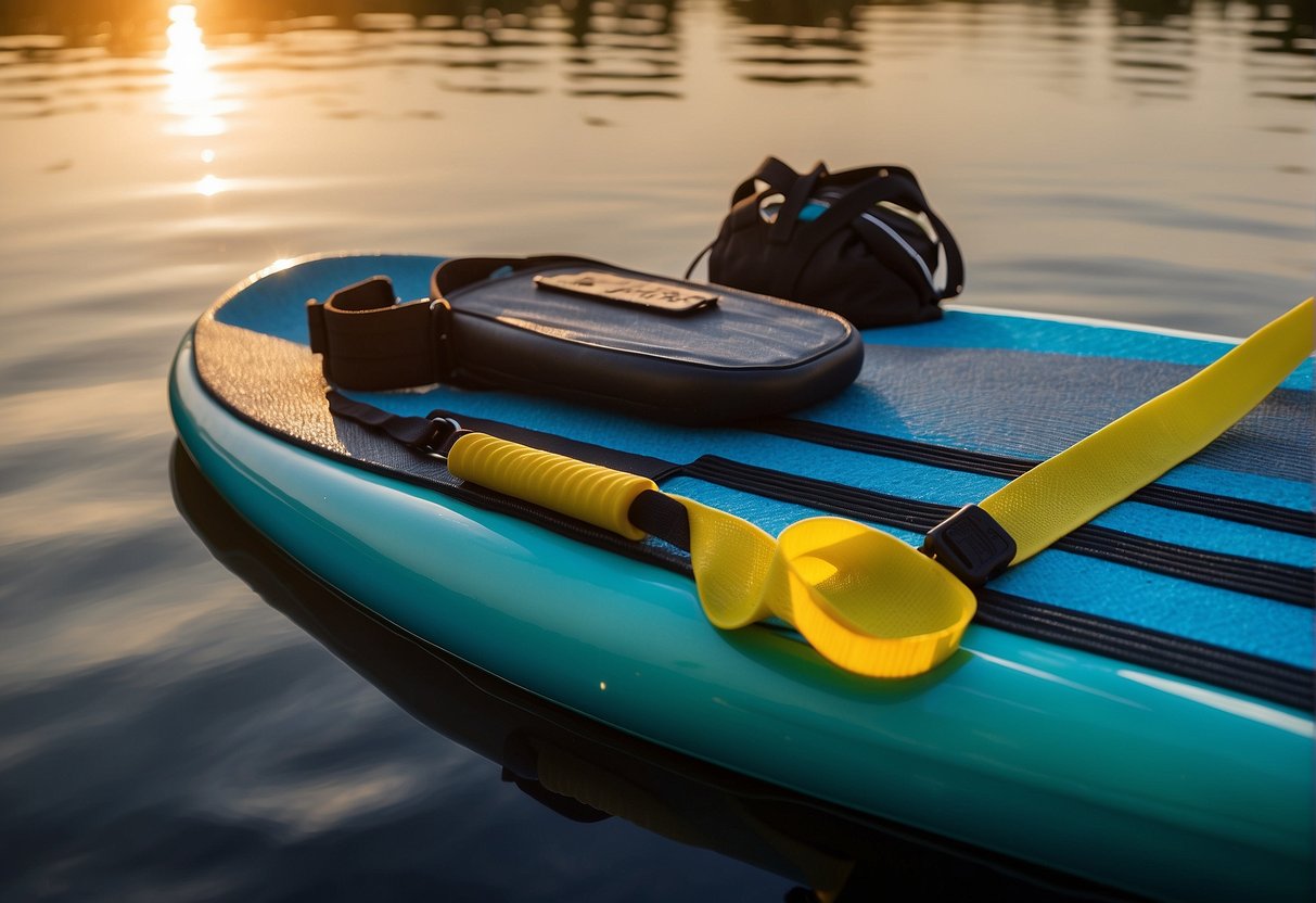 A paddle board with attached fitness accessories, including resistance bands and a yoga mat, floating on calm water