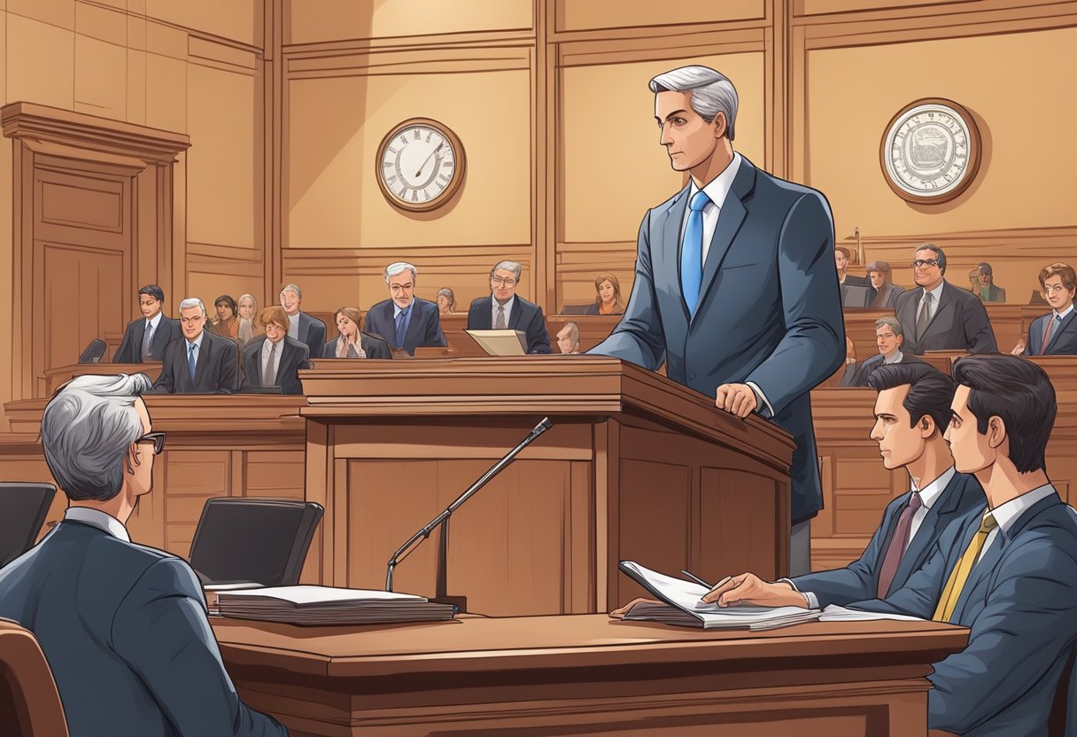 A courtroom scene with a judge presiding over a case, a lawyer presenting evidence, and a defendant hopeful for a favorable outcome