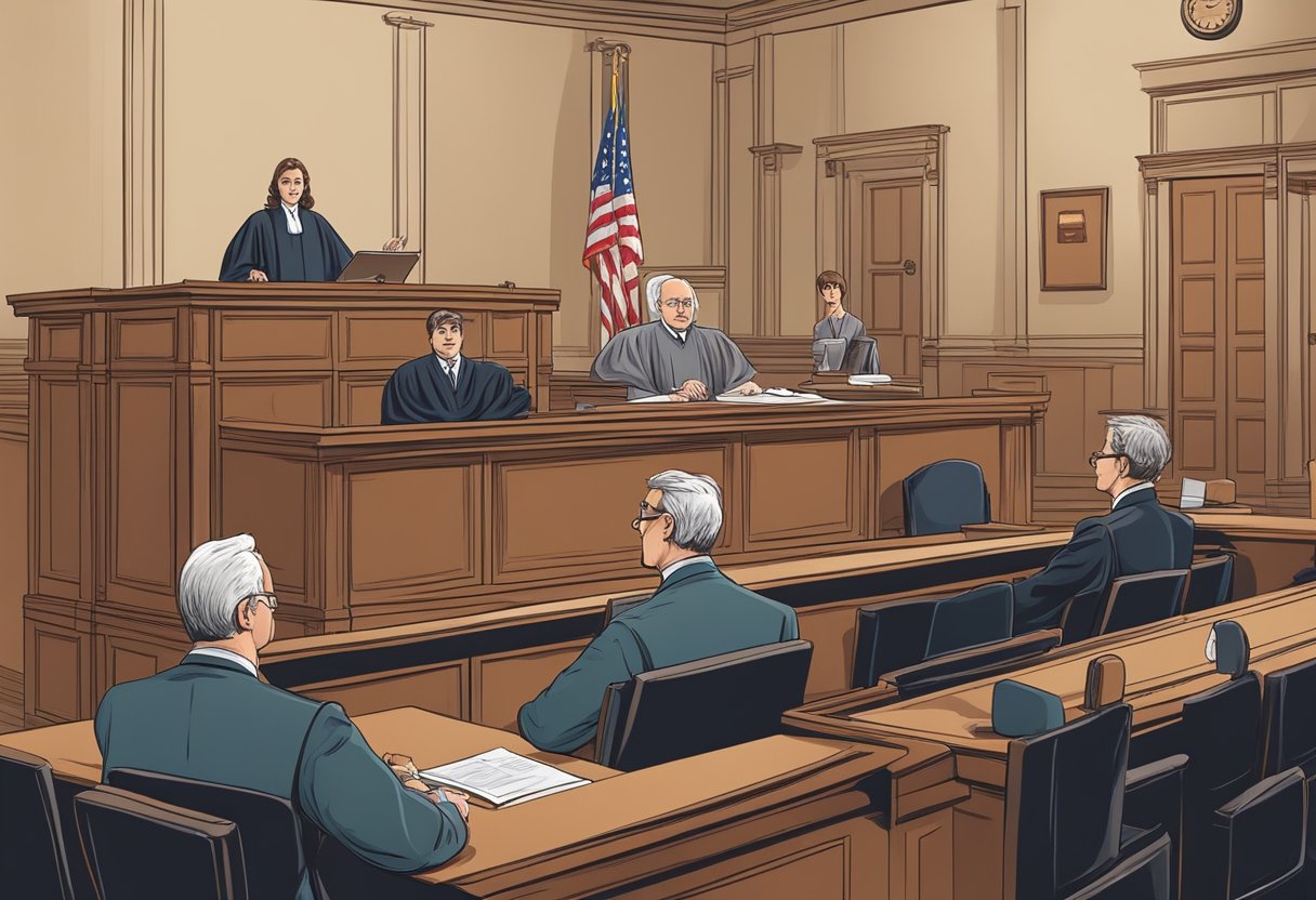 A courtroom scene with a judge presiding over a case, a lawyer presenting evidence, and a defendant anxiously awaiting the verdict