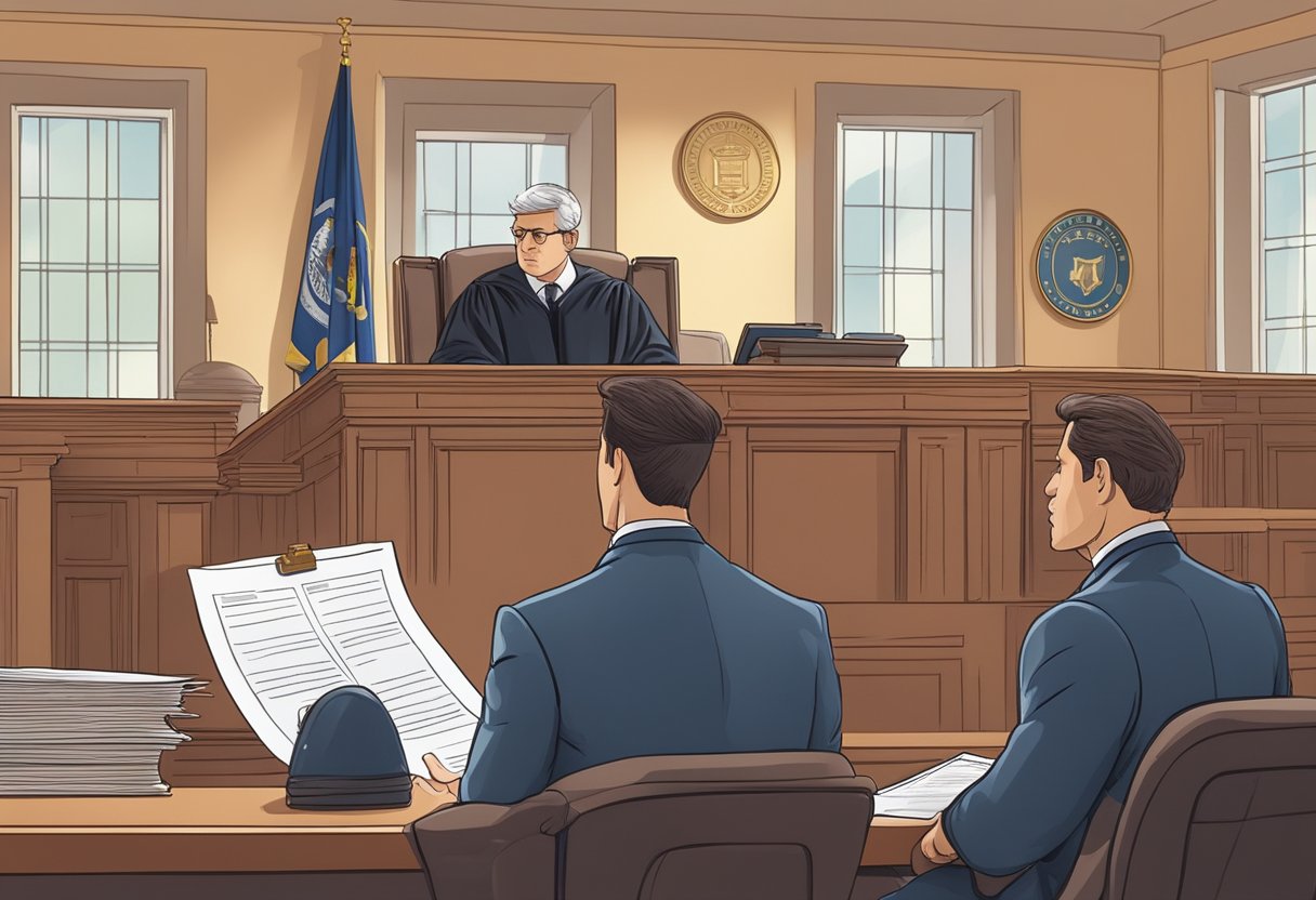 A courtroom scene with a judge, lawyer, and defendant discussing legal documents and a driver's license