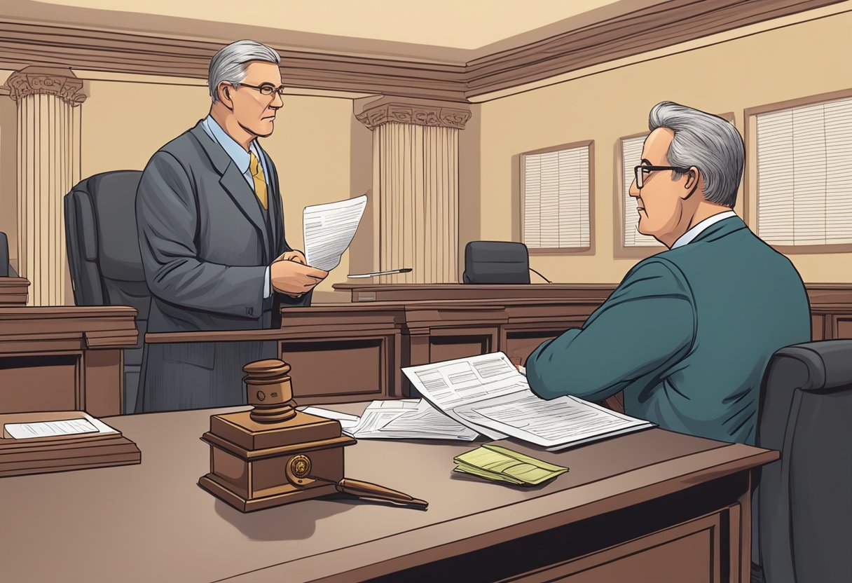 A courtroom scene with a judge and lawyer discussing the administrative process and points on a driver's license. The focus is on how a legal action can save a driver's license after the deadline