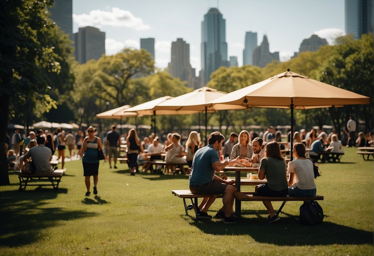 A bustling city park with people picnicking, playing sports, and walking dogs. Skyscrapers loom in the background, and a food cart serves hot dogs