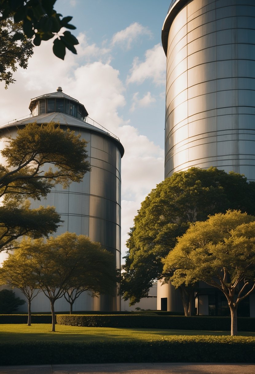 The Magnolia Silos stand tall in the background, surrounded by a cluster of modern hotels with sleek architecture and lush landscaping