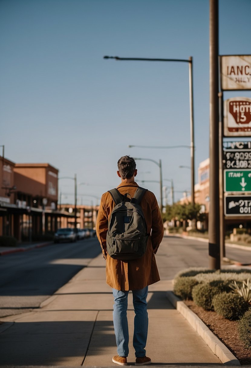 A traveler stands at a crossroads, surrounded by various hotels near Waco attractions. Signage and landmarks highlight the choices available for accommodation
