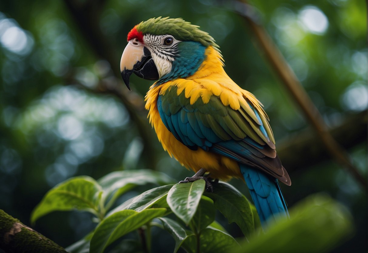 A lush jungle teeming with diverse wildlife, including colorful birds, exotic mammals, and rare reptiles. A research station and conservation center is nestled within the vibrant ecosystem