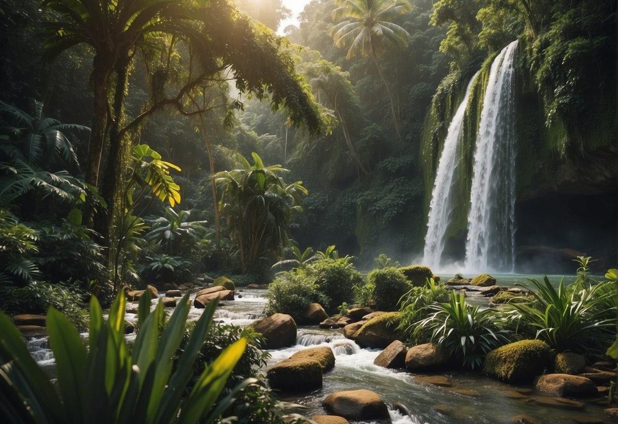 A lush jungle with colorful birds, playful monkeys, and exotic plants. A clear river winds through the landscape, with a majestic waterfall in the distance