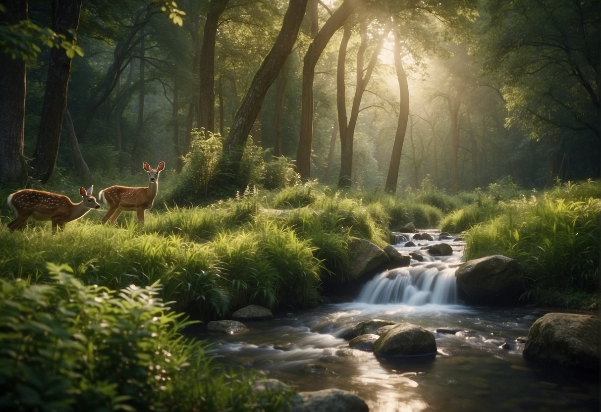 A serene forest clearing with a variety of animals, including deer, birds, and rabbits, surrounded by lush greenery and a peaceful stream