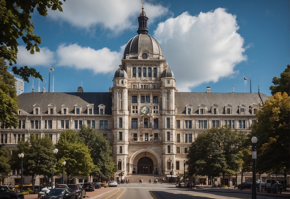 A bustling city hall with AI technology integrated into various departments, solving public sector challenges and streamlining processes