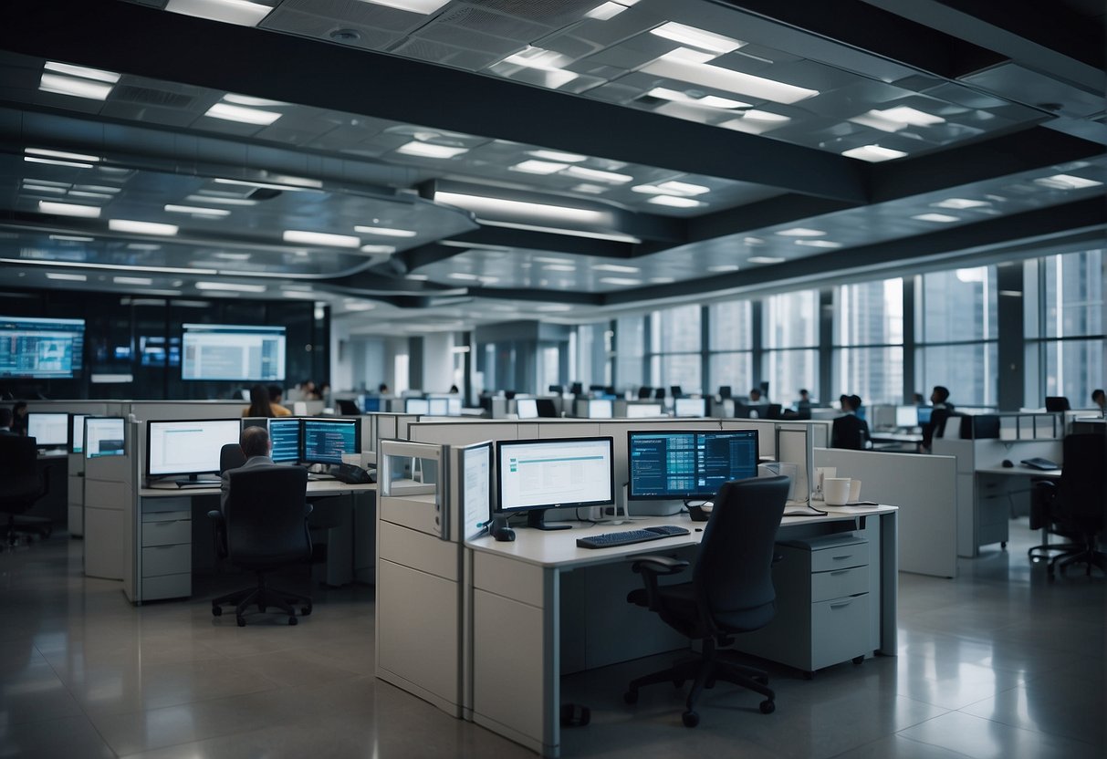 A bustling government office, with AI systems seamlessly integrated into daily operations. Challenges and solutions for AI adoption in the public sector are prominently displayed on digital screens