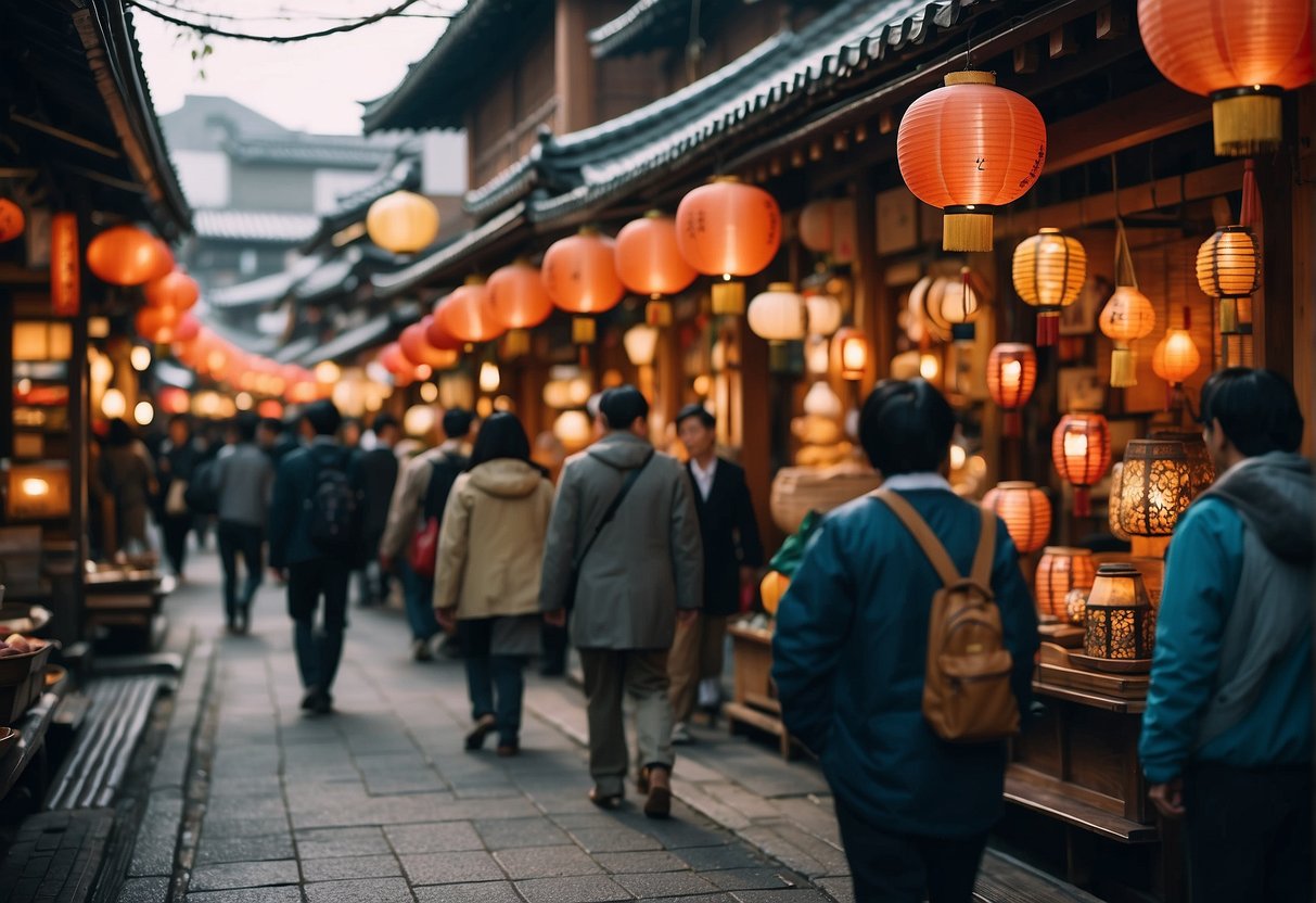 A bustling market street in Osaka, lined with traditional wooden buildings and colorful lanterns, filled with vendors and visitors