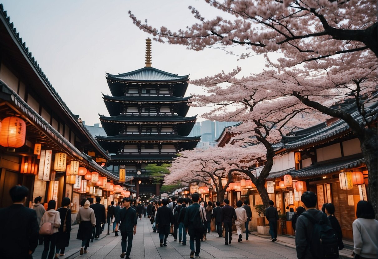 A bustling street in Osaka, with colorful signs and bustling crowds. A traditional temple looms in the background, surrounded by cherry blossom trees