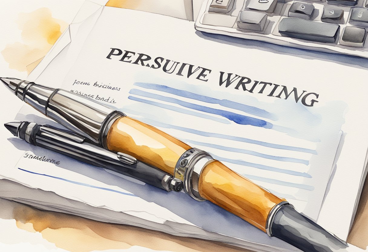 A sleek pen writes on crisp paper, surrounded by business documents and a computer. The words "Persuasive Business Writing" stand out on the page