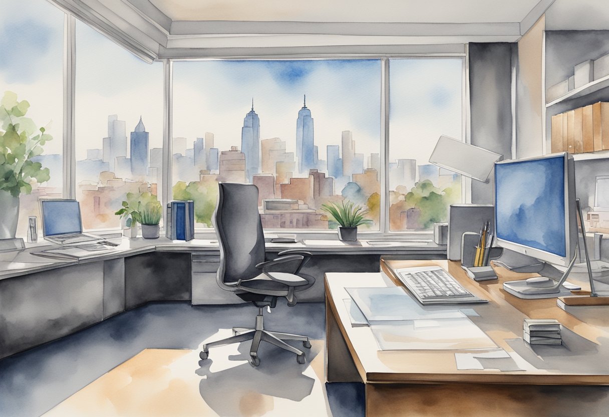 A sleek, modern office setting with a polished desk, computer, and professional writing tools. A window overlooks a city skyline, conveying a sense of professionalism and authority