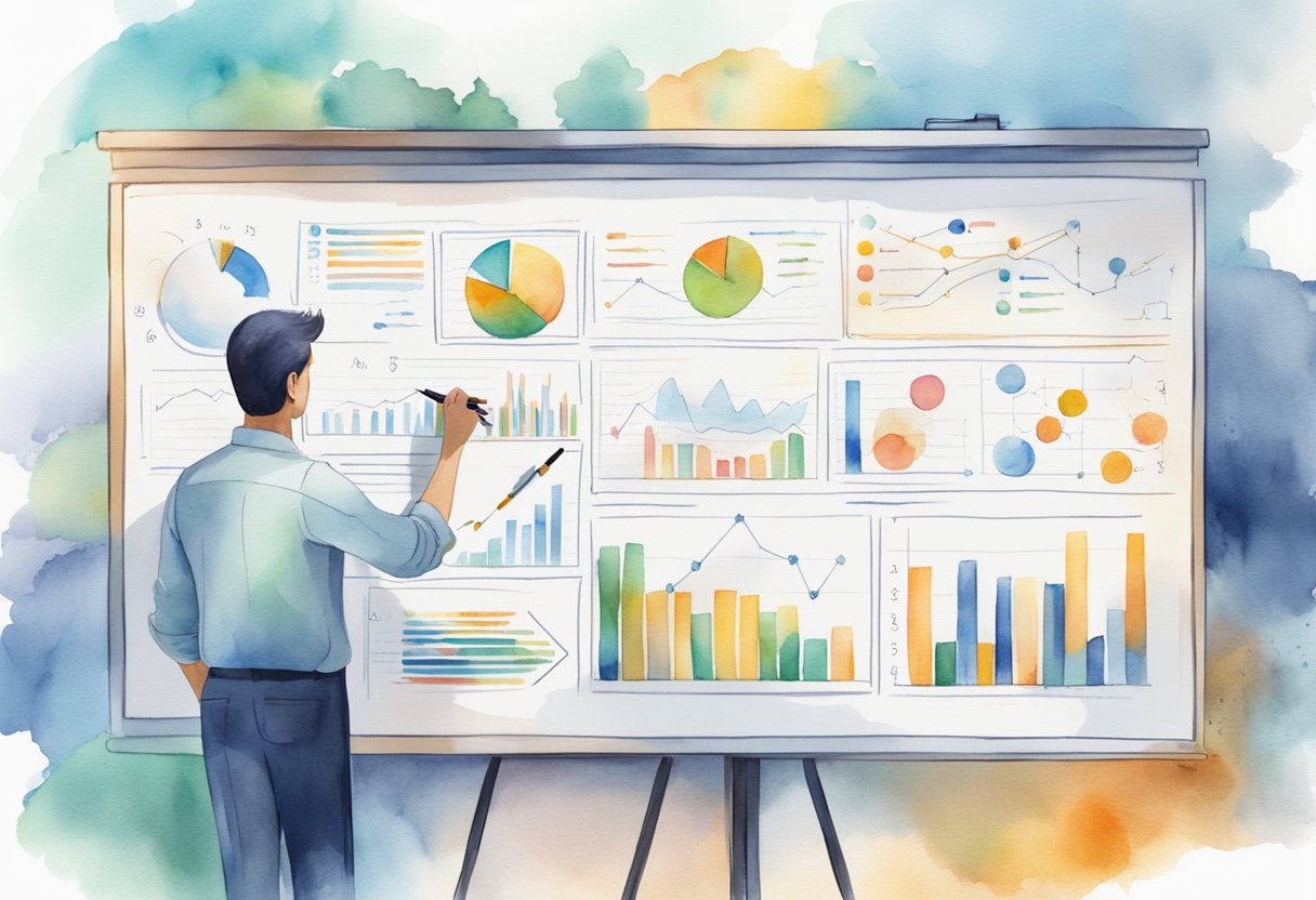 A person writing on a whiteboard with various business concepts and strategies, surrounded by charts and graphs