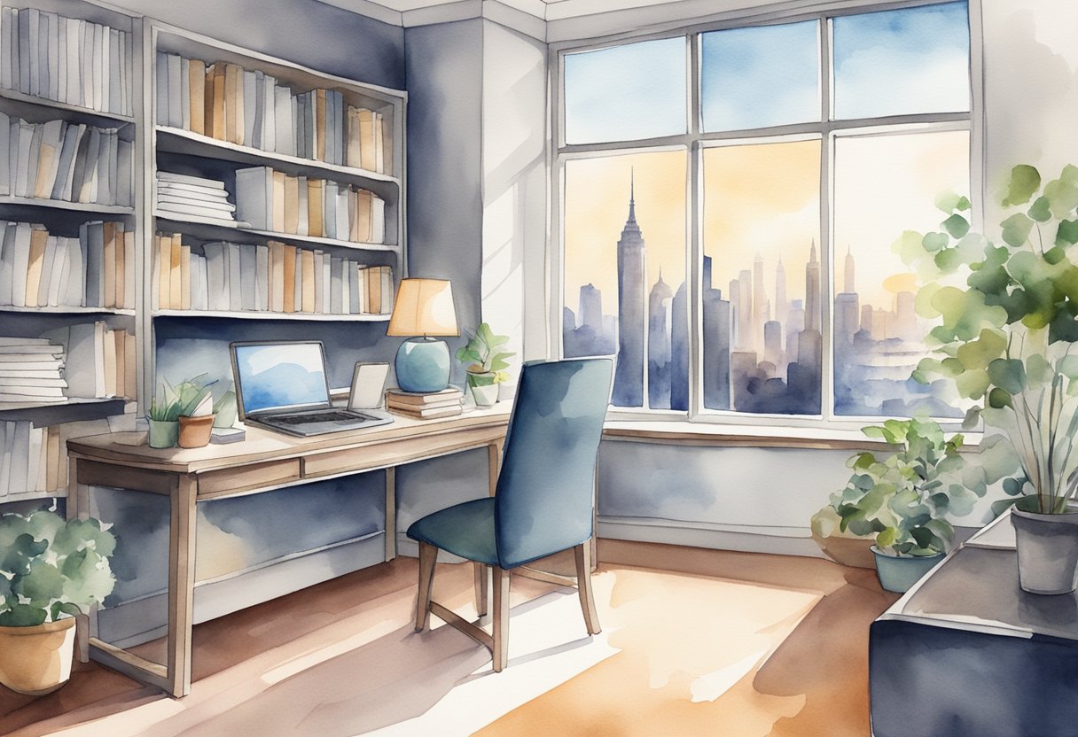 A sleek desk with a laptop, notepad, and pen. A bookshelf filled with business writing guides. A window with city skyline view