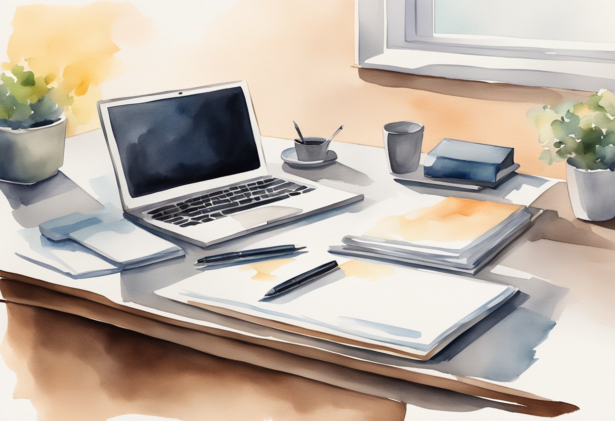 A sleek, modern office desk with a laptop, notepad, and pen. A professional business letter and a persuasive sales pitch document lay neatly organized on the desk