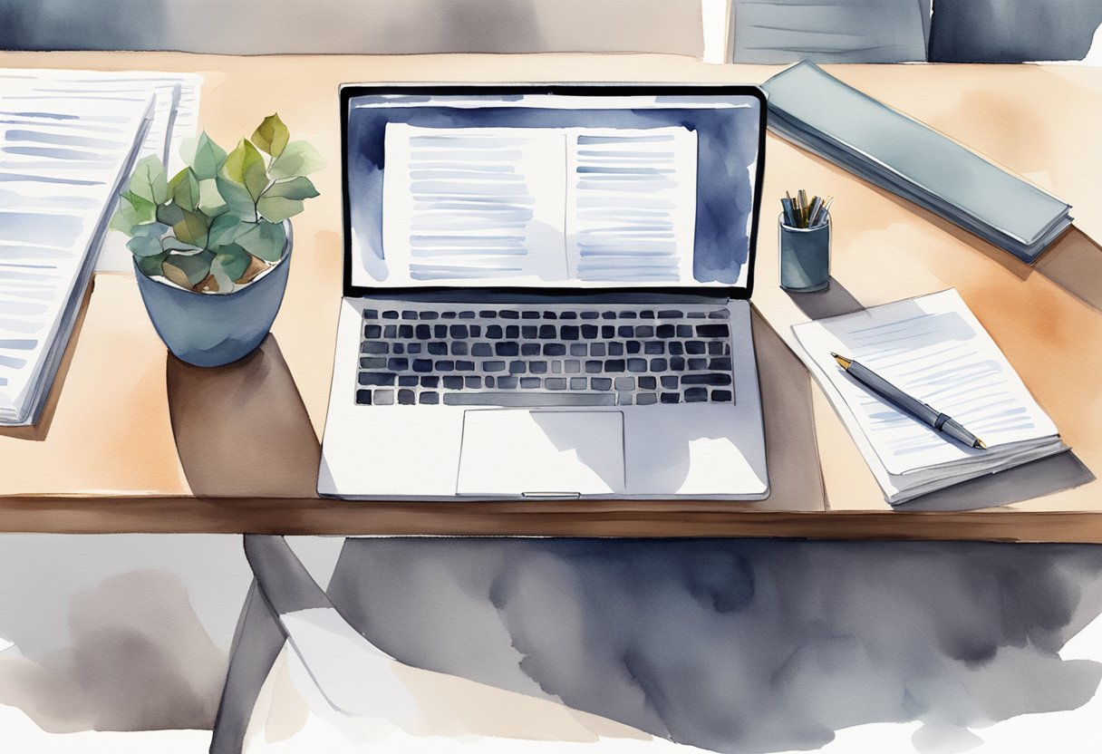 A sleek laptop sits on a modern desk, surrounded by business documents and a professional pen. The room is well-lit with a minimalist design aesthetic