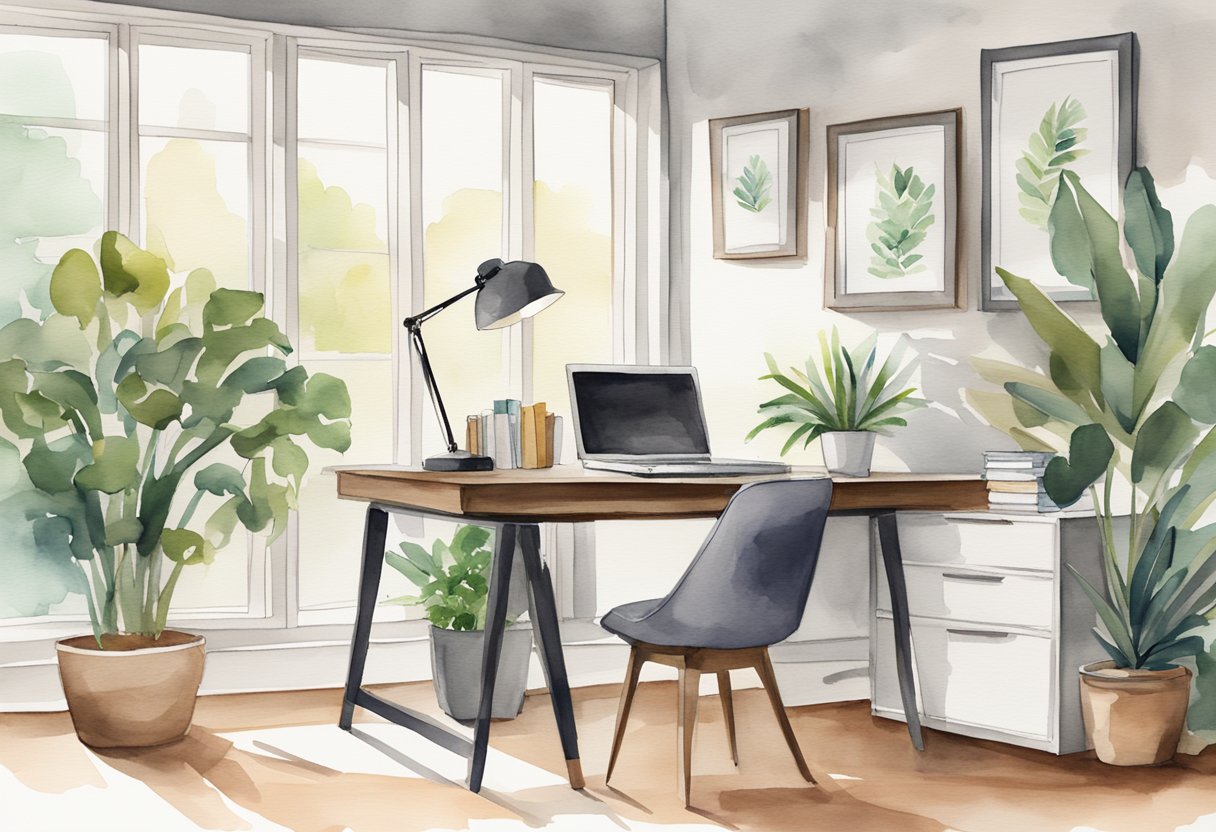 A sleek, modern office desk with a laptop, notebook, and pen. A framed diploma hangs on the wall. The room is filled with natural light and potted plants