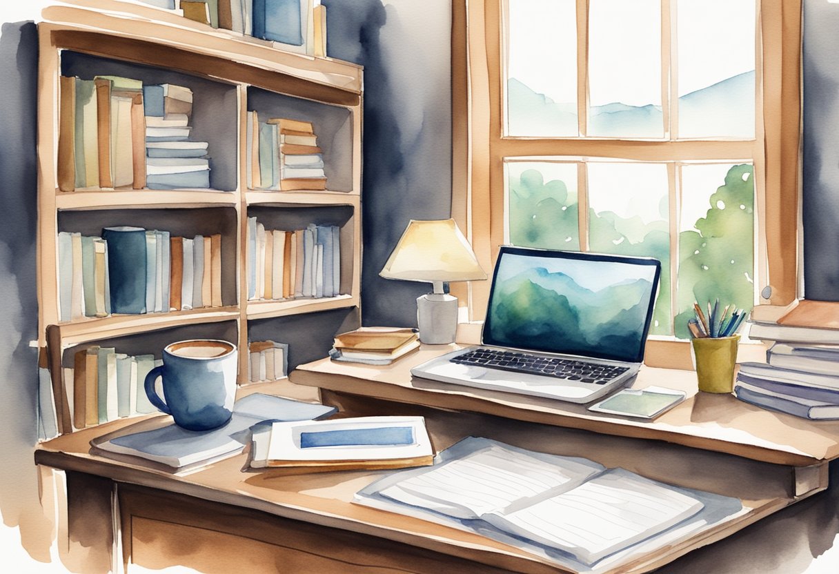 A desk with a laptop, pen, and paper. A bookshelf filled with business writing resources. The room is well-lit with natural light