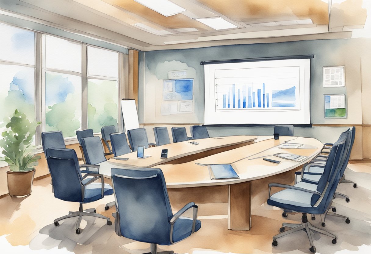 A conference room with a large table, chairs, and a whiteboard. A projector displays a presentation on the screen. Various communication devices are scattered around the room