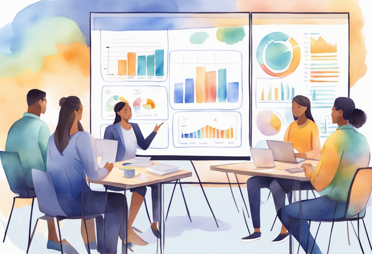 A group of people brainstorming and mapping out communication strategies on a whiteboard, with charts and graphs displayed on a nearby screen