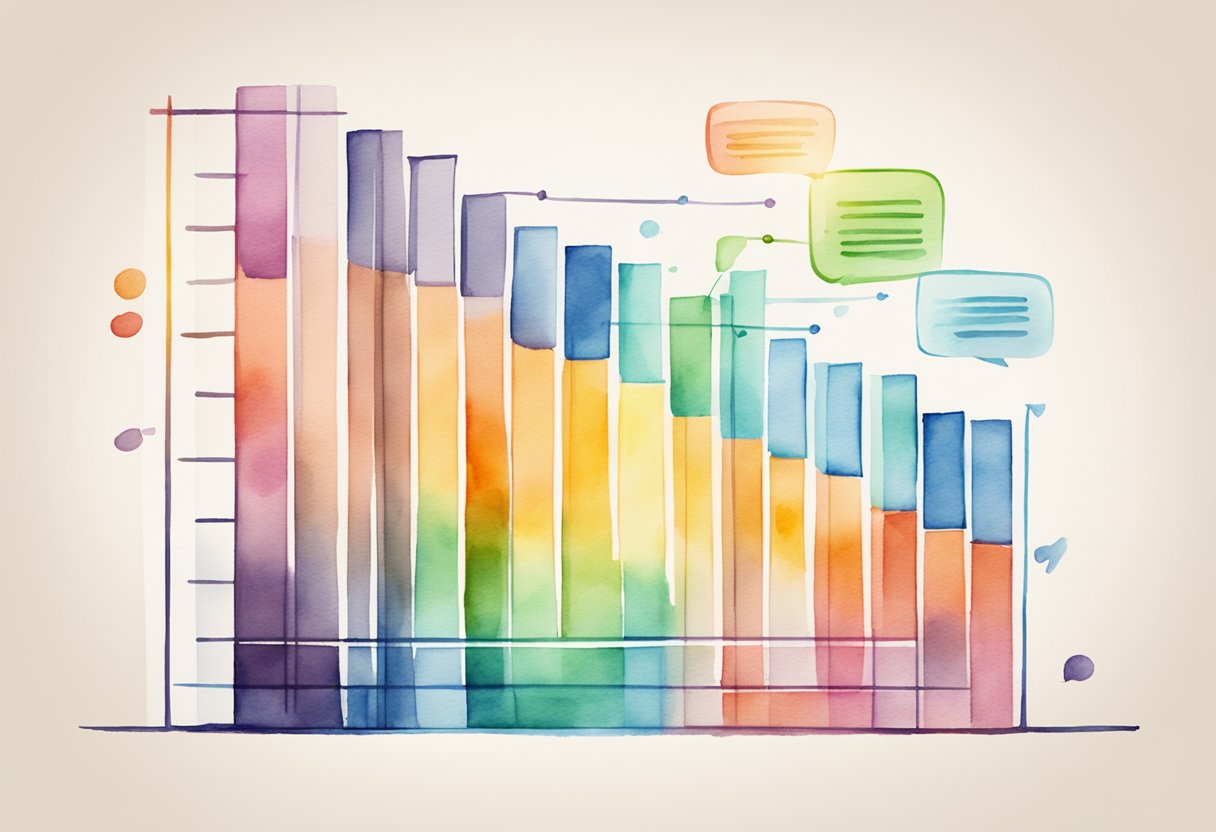 A bar graph showing communication effectiveness increasing over time. A speech bubble with positive feedback. A chart with clear, measurable objectives