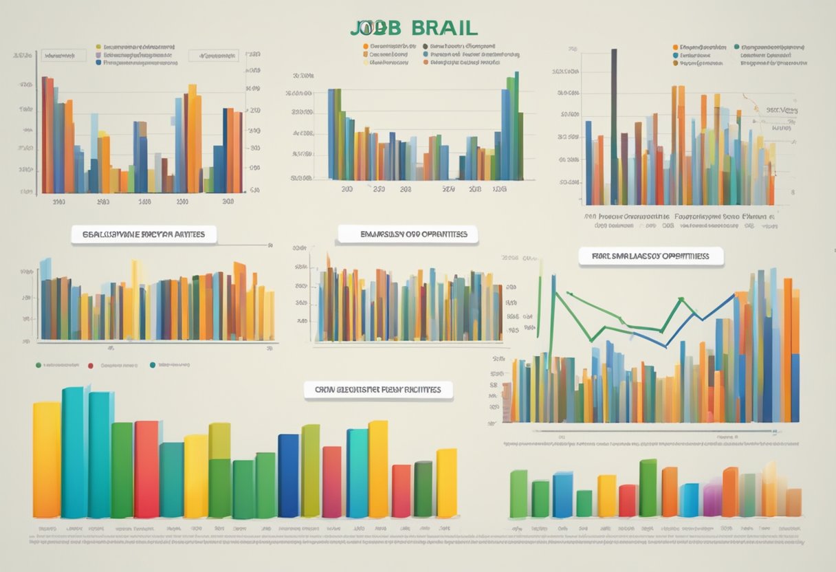 The job market in Brazil is depicted by a graph showing a steady increase in employment opportunities, with various industries represented by colorful bar charts