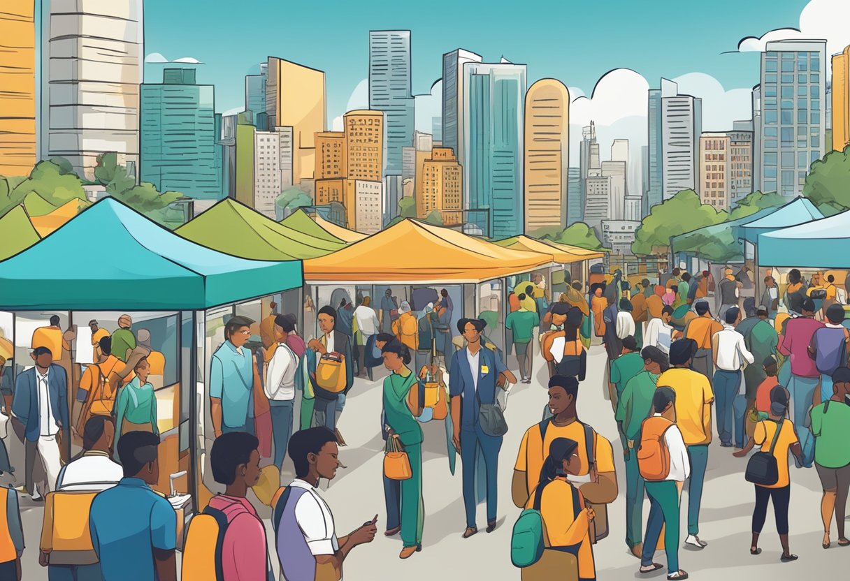 A bustling job fair with diverse attendees, banners promoting government employment initiatives, and a vibrant Brazilian cityscape in the background