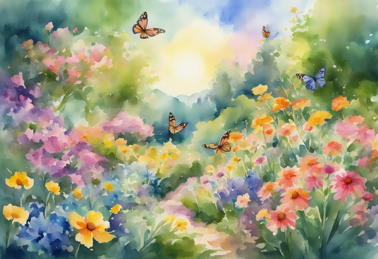 A vibrant garden bursting with colorful flowers and lush greenery, with a bright sun shining overhead and butterflies fluttering amongst the blooms