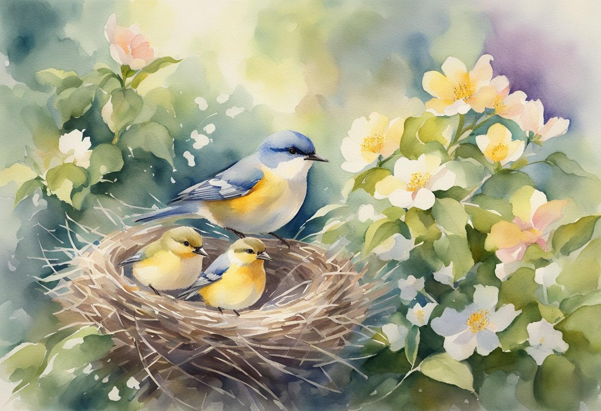 A sunlit garden with blooming flowers, a gentle breeze, and a bird feeding its young in a nest