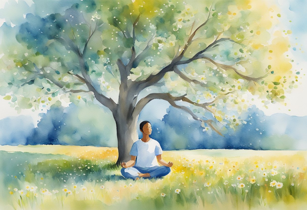 A sunlit field with blooming flowers, a clear blue sky, and a gentle breeze. A person meditating under a tree, surrounded by symbols of abundance and gratitude