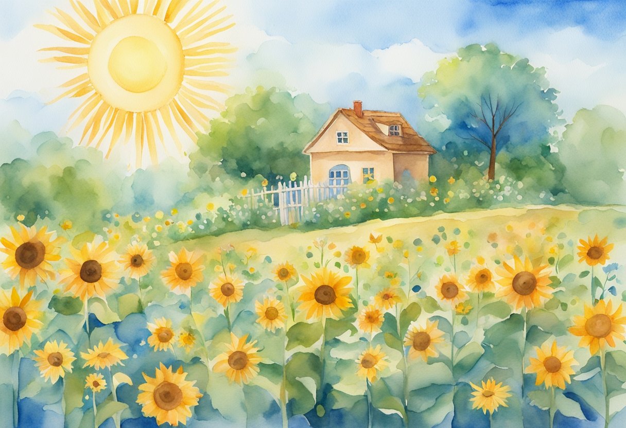 A garden with blooming flowers, a clear blue sky, and a radiant sun shining down, surrounded by symbols of gratitude like a journal, a thank-you card, and a smiling sunflower