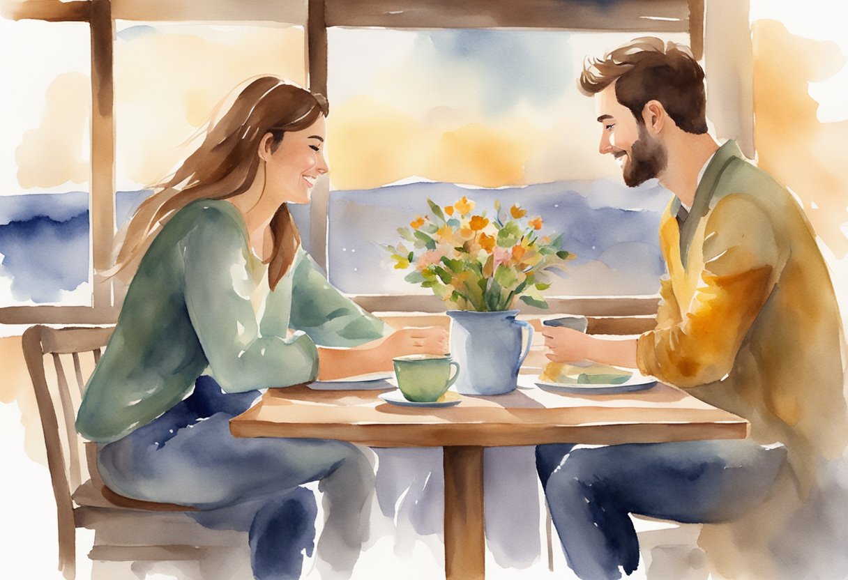 A couple sitting at a table, smiling and making eye contact. A gift and thank you note on the table. Warm and cozy atmosphere