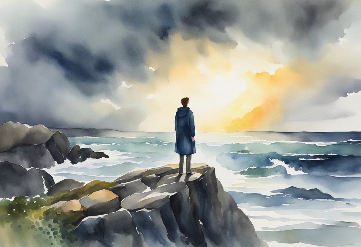 A person standing on a rocky cliff, facing a stormy sea with a grateful expression as the sun breaks through the dark clouds