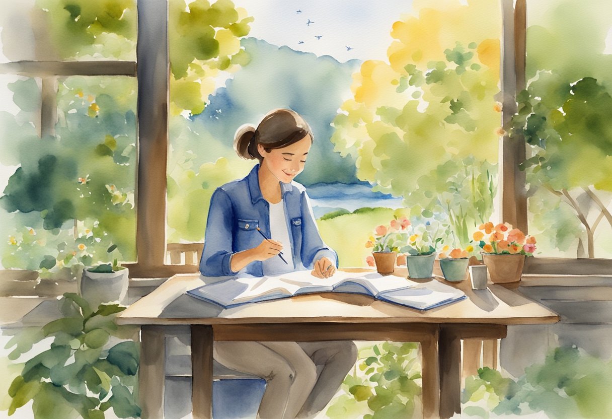 A person sitting at a table, surrounded by nature, writing in a gratitude journal with a smile on their face. The sun is shining, birds are chirping, and there is a sense of peace and contentment in the air