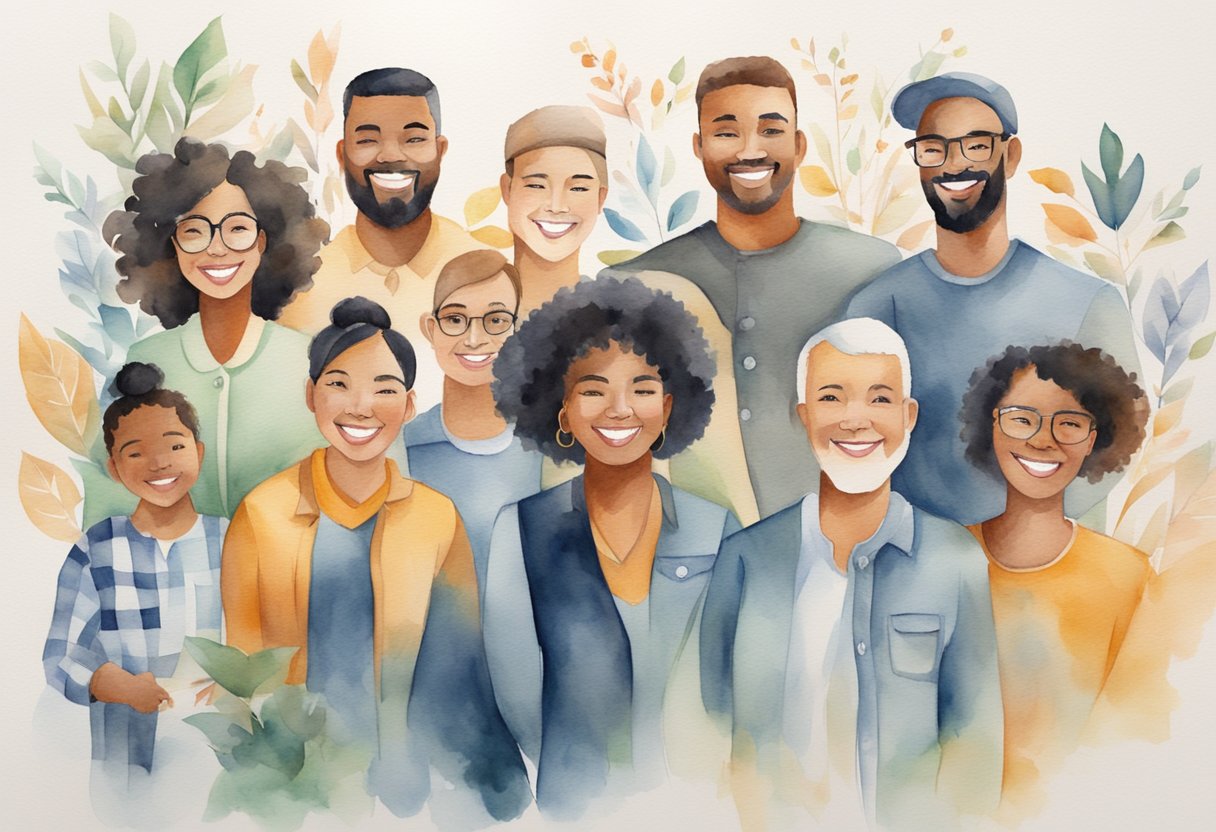 A group of diverse individuals smiling and working together, surrounded by symbols of positivity and gratitude