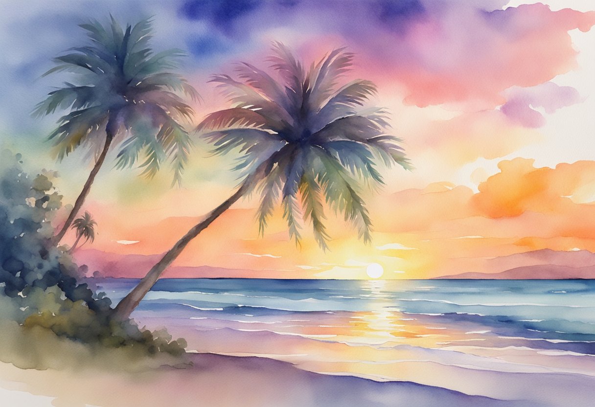 A vibrant sunset over a tranquil beach, with a lone palm tree silhouetted against the colorful sky. Waves gently lapping at the shore, creating a sense of peace and gratitude