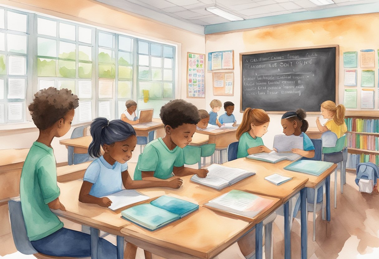 A classroom setting with books, a chalkboard, and students engaged in collaborative learning activities, surrounded by motivational posters about grit and growth mindset