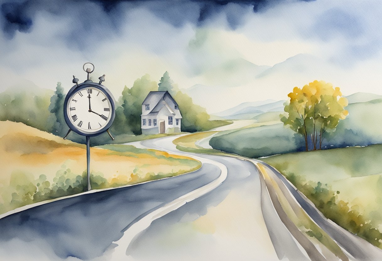 A job is a temporary task, depicted by a clock. A career is a long-term journey, depicted by a winding road