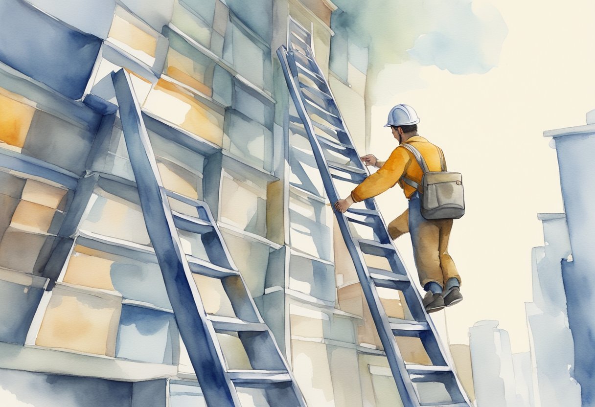 A person climbing a ladder from a job to a career, with professional development tools and resources on one side and advancement opportunities on the other