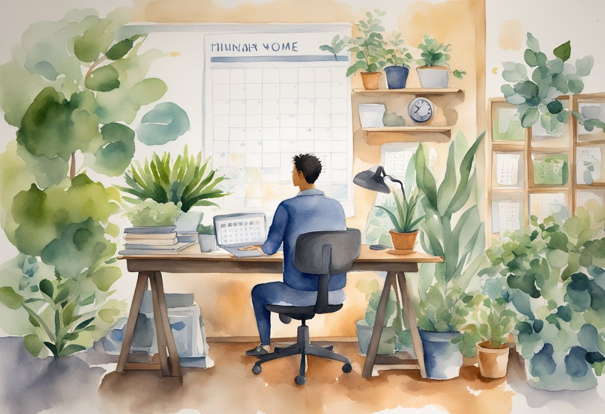 A person sitting at a desk, surrounded by plants and a calendar, with a peaceful expression, while a clock shows a balance between work and personal time