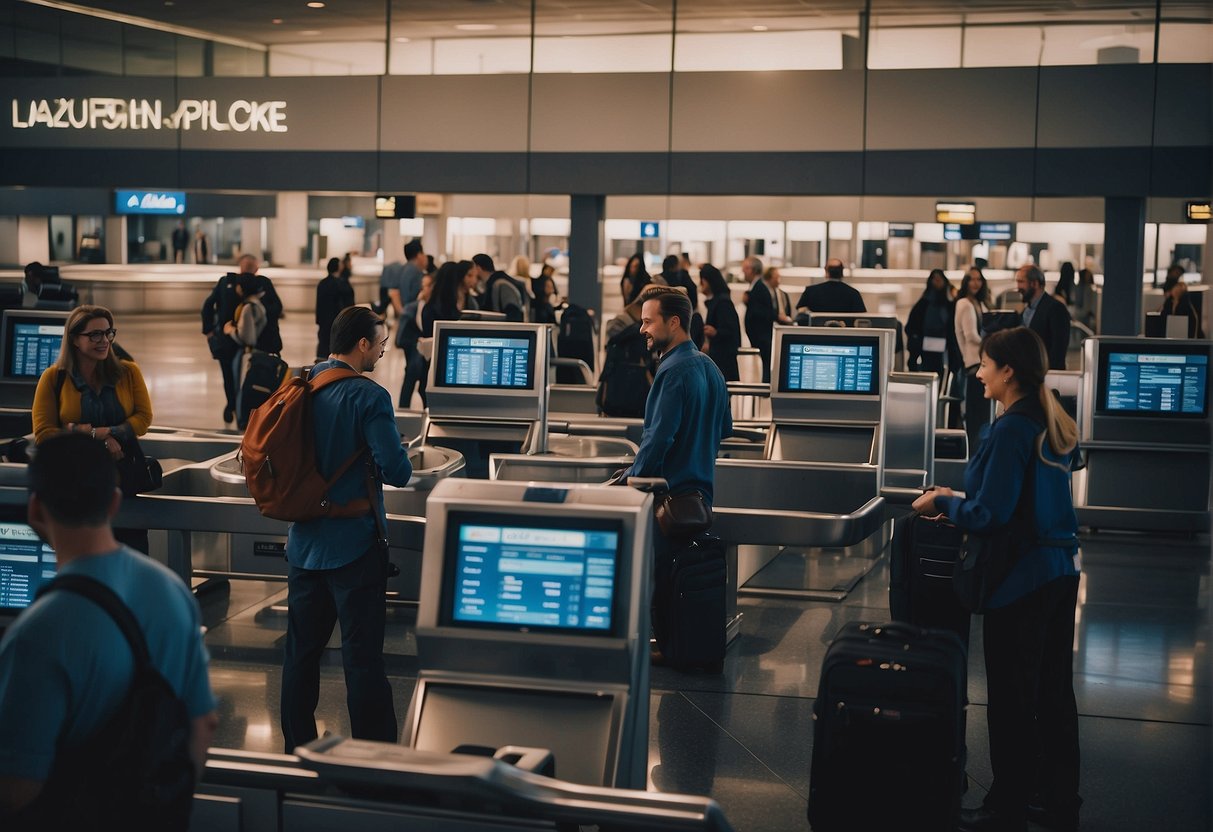 Passengers check in at LAX airport, while planes are being prepared for departure to Berlin. Baggage is loaded onto the conveyor belts, and ground crew assist with the process