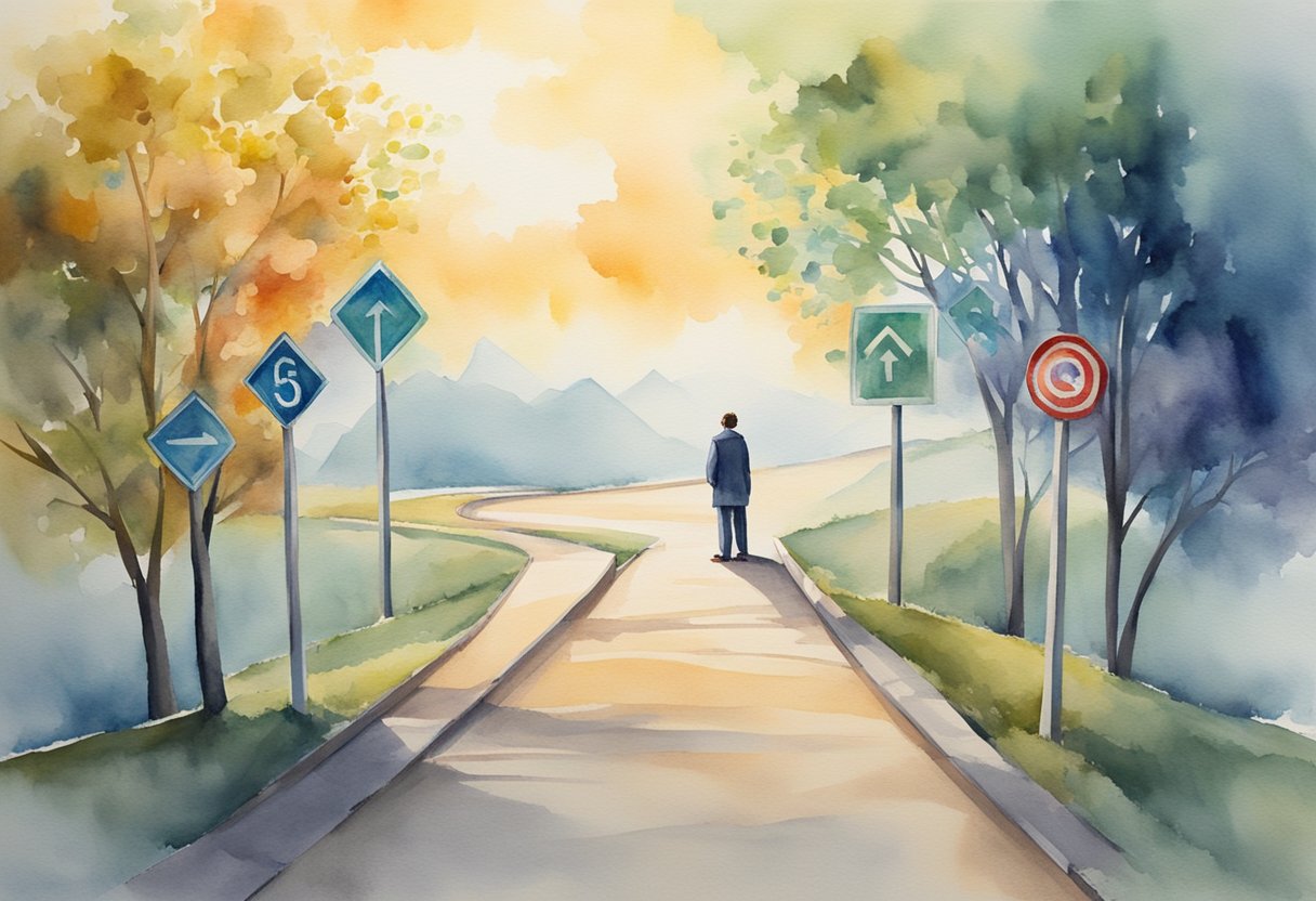 A person standing at a crossroads, one path leading to a dead-end job, the other to a fulfilling career. Signposts indicate different career goals and ambitions